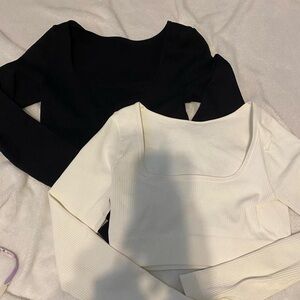 Black and White Ribbed Long Sleeve Tops